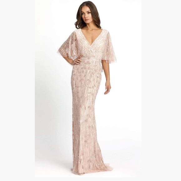New Mac Duggal 9064 Sequined V Neck Sheath Blush Pink Sleeved Maxi Formal dress - Picture 4 of 17